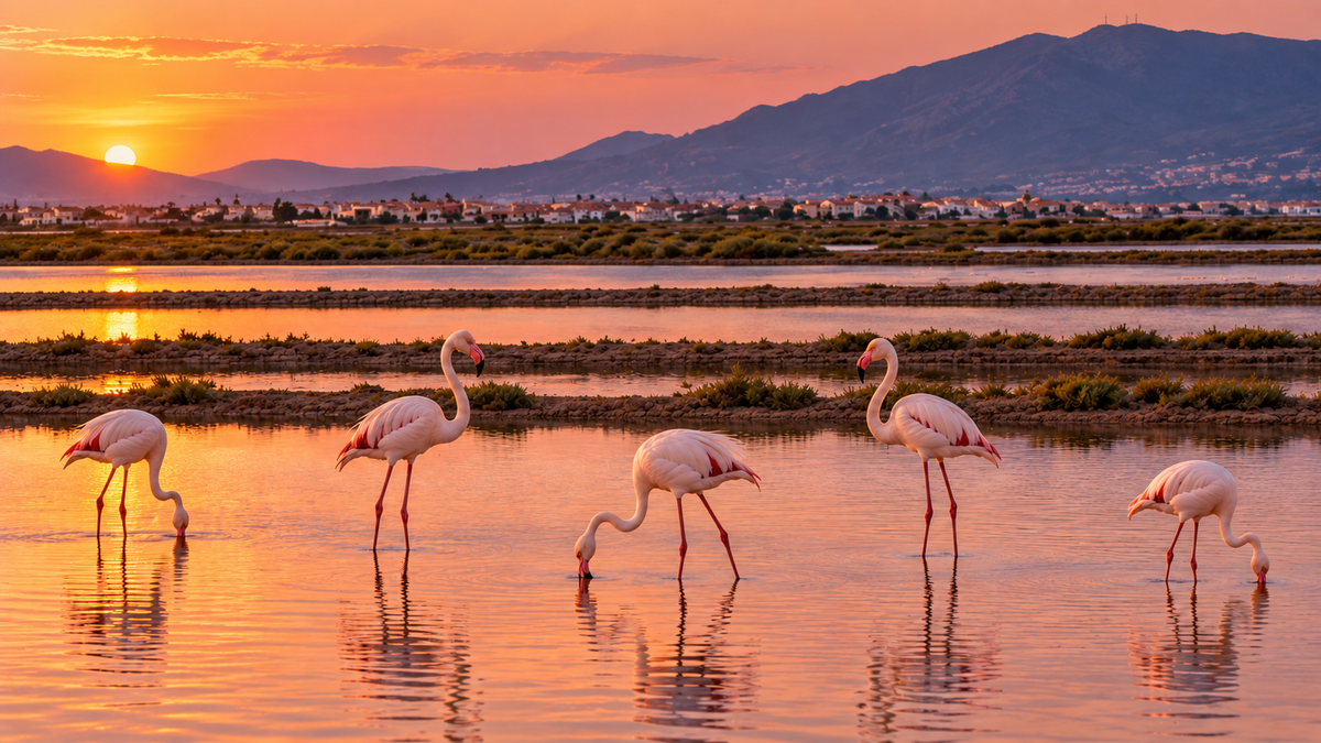 Five flamingos feeding and standing in Trapani salt ponds at sunset