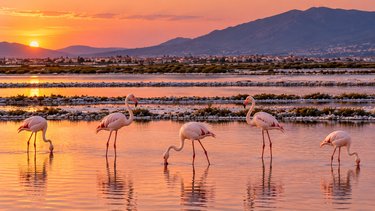 Five flamingos feeding and standing in Trapani salt ponds at sunset