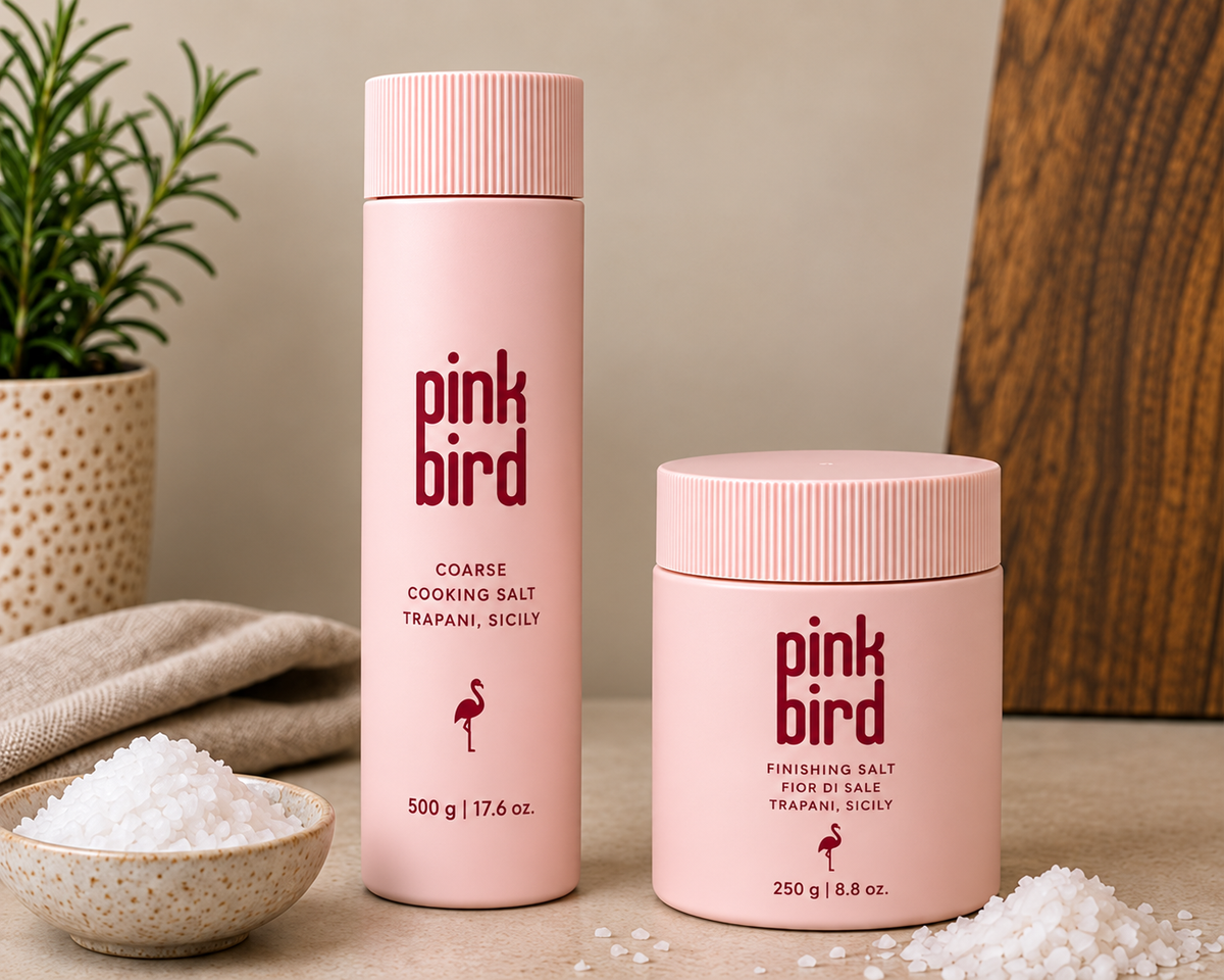 Pink Bird bottles designed to stay on the kitchen counter
