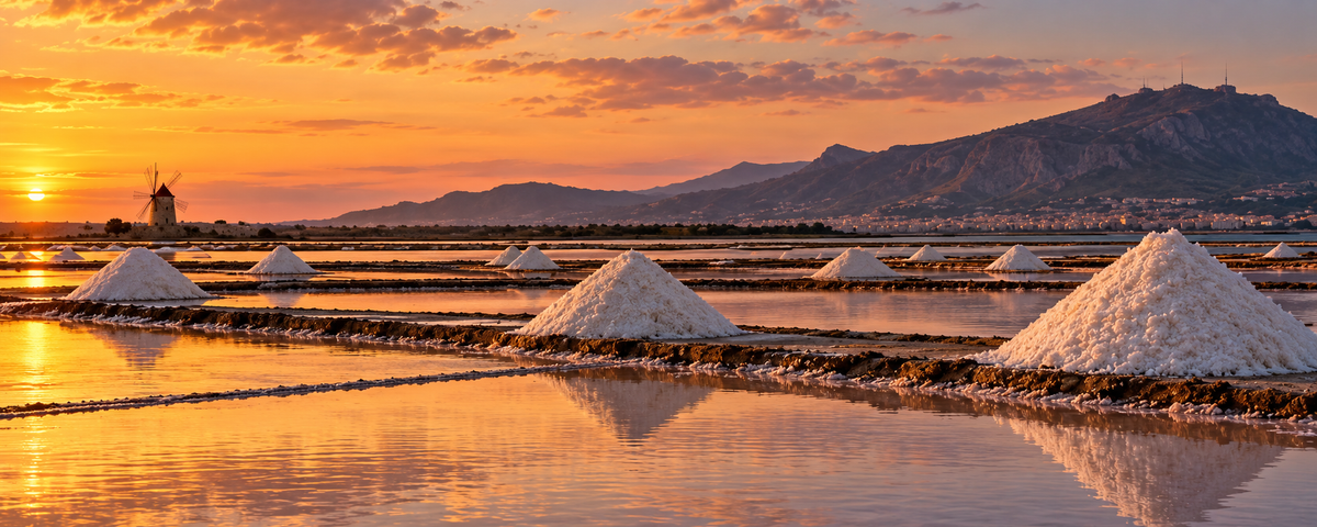 Harvested salt piles and a windmill across Trapani salt ponds at sunset