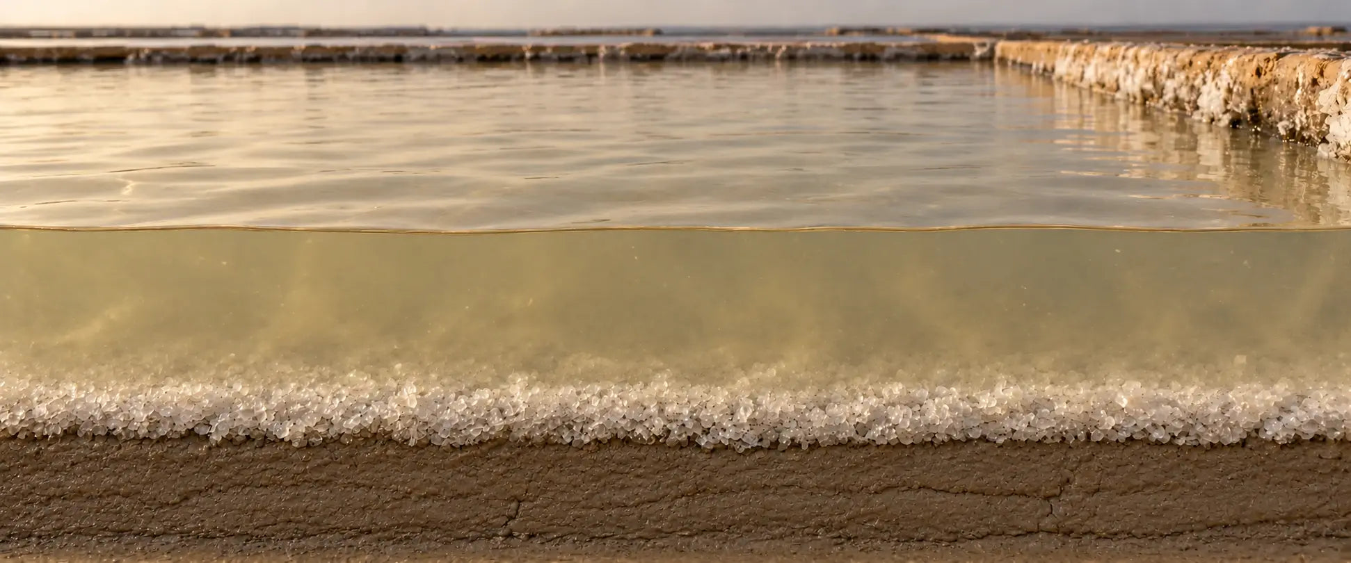 Cross-section of coarse salt crystals accumulating on the floor of a crystallization pond