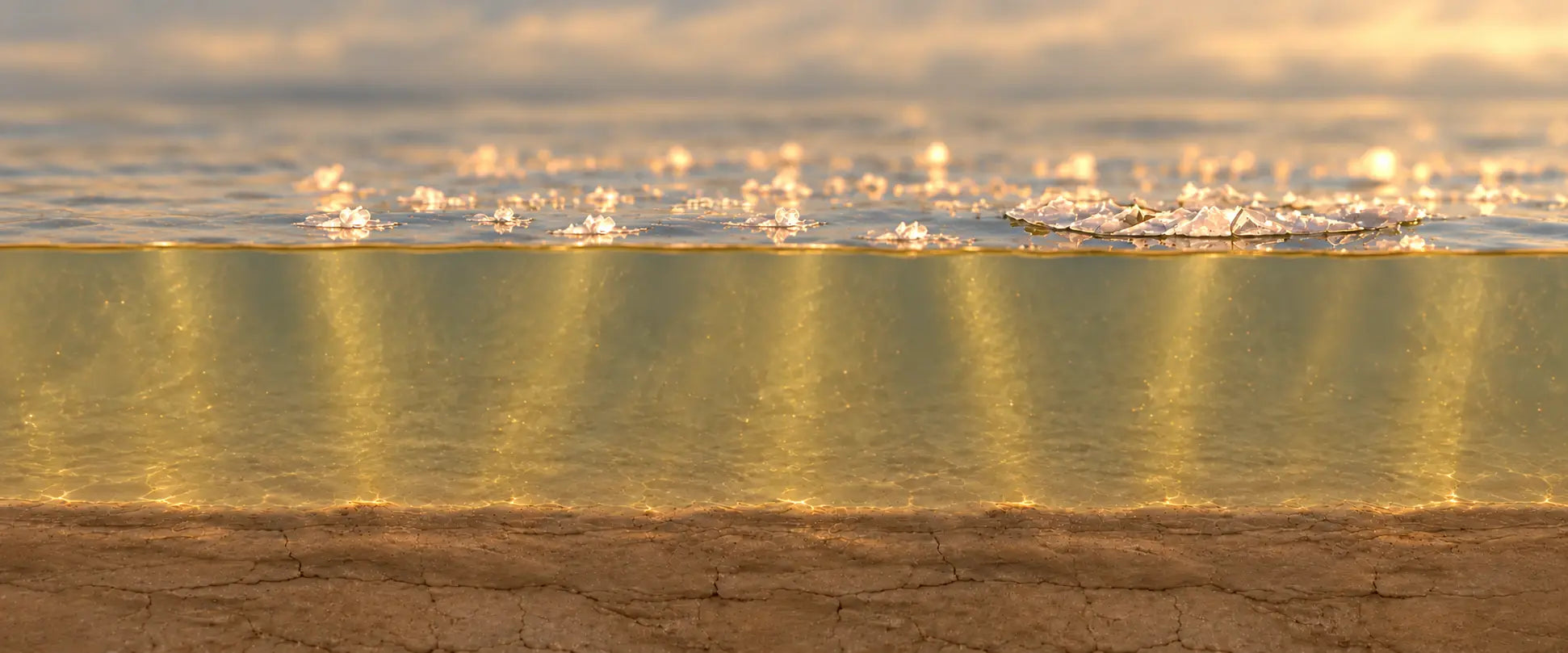Cross-section of delicate fior di sale flakes forming at the surface of a salt pond